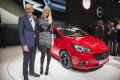 2014 Paris Motor Show Opel Corsa press conference Dr Karl Thomas Neumann and topmodel Claudia Schiffer