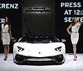 beautiful hosterss Lamborghini Aventador at the Frankfurt Motor Show 2015